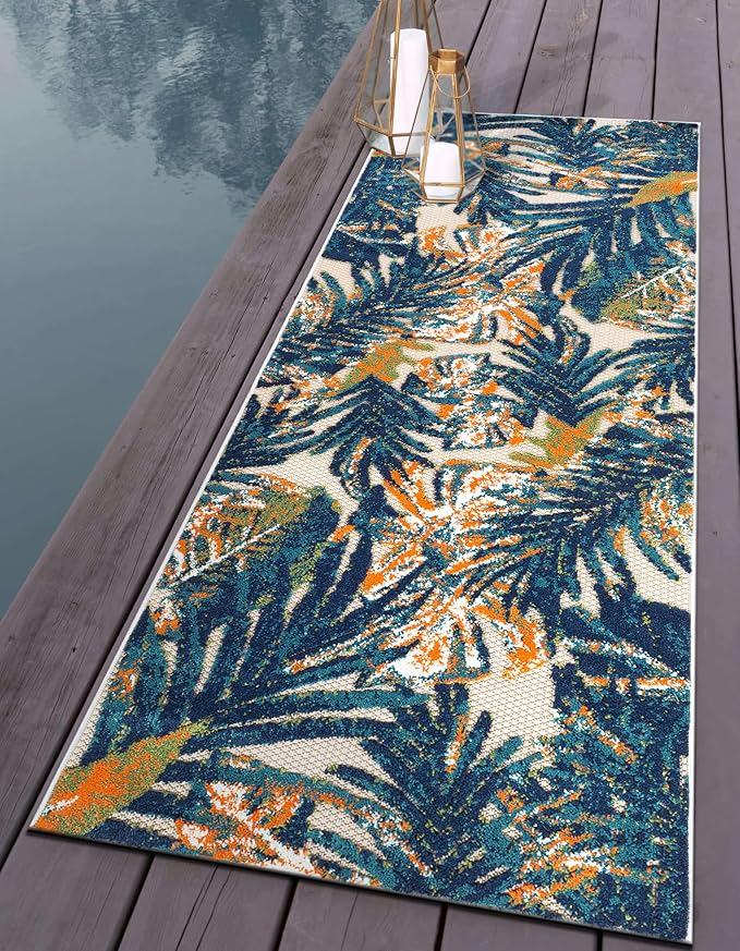 Rugshop Tropical Floral Leaves Indoor/Outdoor Runner Rug Durable Polypropylene, Non-Shedding, Easy to Clean, Perfect for Patio, Backyard, Deck and Outdoor Lounge, High Traffic Areas, 2'7" x 12'