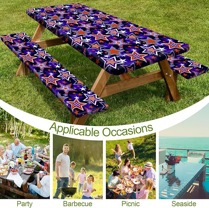Picnic Table Cover with Bench Covers 6FT 3 Pcs Waterproof Windproof Aesthetic Camping Tablecloth with Drawstring Bag, Fitted for 6 Foot Rectangle Tables and Seats, 72 inch, Red Blue Stars