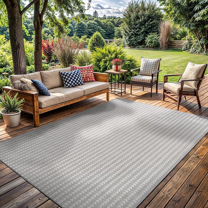 Washable Outdoor Rug 5x7 Modern Area Rugs Outdoor Carpets Striped Pattern Non Shedding Waterproof Easy Clean Patio Deck Porch Living Room Bedroom Garden RV (5 X 7 Gray)