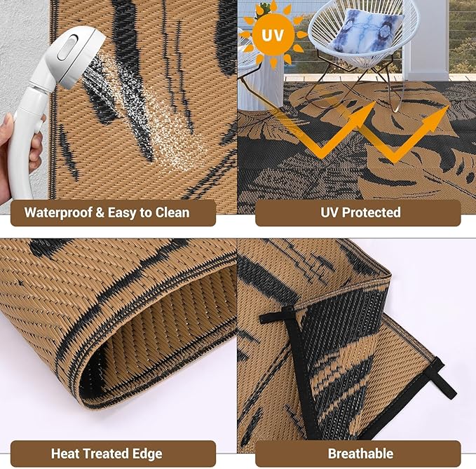 10x20 Large Outdoor Patio Rug Modern Leaf Print Plastic Straw Outdoor Rugs Waterproof Foldable UV Resistant Camping Reversible Mats for Deck, Porch, Camper, Balcony, Beach, Rv，Black/Brown
