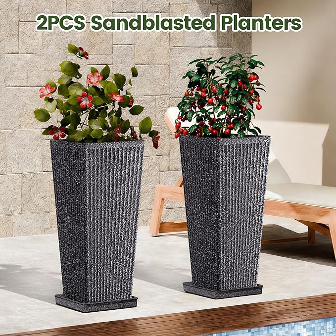 Tapered Tall Planters for Outdoor Plants 2 Pack- 23.6 Inch Heavy-Duty Classic Square Indoor Flower Pots with Drainage Holes/Partition/Tray, Large Outdoor Planters for Porch Patio, Gray