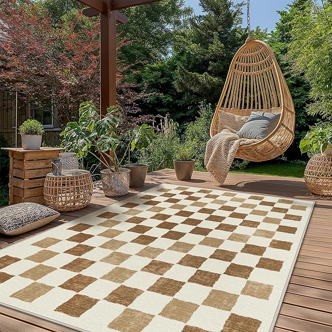 GENIMO Outdoor Rug for Patio Clearance, 9'x12' Reversible Plastic Straw Rugs, Lightweight Waterproof RV Camping Mat for Camper, Balcony, Deck, Backyard, Picnic, BrownBeige