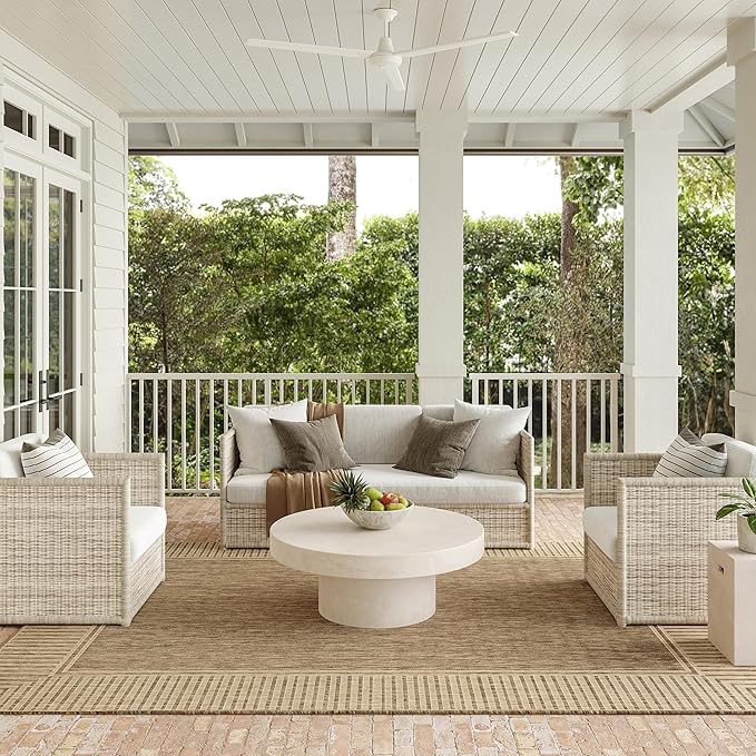 Nuloom Asha Light Brown/Ivory, 4' Square, Casual, Striped Border, Soft and Cozy, High Traffic, Stain Resistant, Easy Clean, Durable Area Rug for Indoor/Outdoor Patio, Deck, Porch, Garden, Courtyard