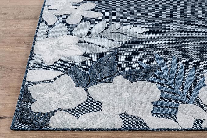 Outdoor Rug 10x14 Washable Area Rugs Indoor Outdoor Carpets Navy Border Floral Non Shedding Waterproof Easy Clean Patio Deck Porch Living Room Bedroom Garden RV (10 X 14 Navy)