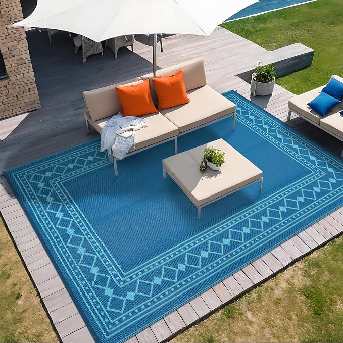 Garvee Outdoor Rug 8x10, Patio Rug Waterproof Plastic Straw Waterproof Reversible Patio Mat, Plastic Straw Rug for RV, Camping, Deck, Balcony, Easy Clean & Portable,Green/Blue