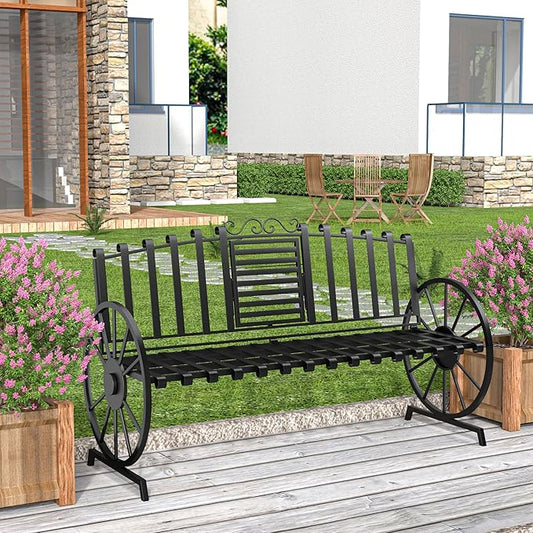Outdoor Bench Patio Outdoor Garden Bench with Built-in Table, Wagon Wheel Arms, 3 People Outdoor Bench Garden Bench Front Porch Furniture (Black)