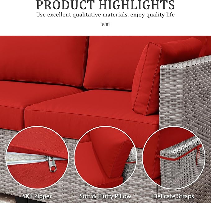 Outdoor Furniture Replacement Cushions, Waterproof Patio Furniture Cushions, 4" Deep Seat Outdoor Sectional Cushion for 3-Seat Outdoors Rattan Sofa Patio Sofa Cushion, Red