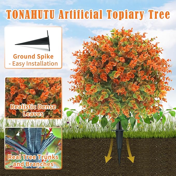 28" Artificial Fall Flower Bushes with Ground Stakes – Artificial Topiary Tree with Eucalyptus Orange Faux Floral Plants with Autumn Leaves for Outdoor Thanksgiving, Garden, Pathway, Porch Décor