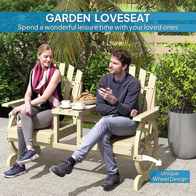 Outsunny Wooden Garden Bench with Table, Umbrella Hole, 2-Seat Wagon Wheel Outdoor Bench with Slatted Seat, High Backrest, Armrests for Backyard, Patio, Garden, Natural Wood