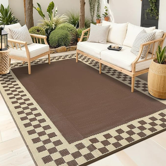 Garvee 8x10 Outdoor Waterproof Rug Reversible Modern Geometric Neutral Outdoor Patio Rug, Weather Resistant Plastic Straw Rugs Portable Camping Carpet for Garden Backyard Balcony,Brown & Beige