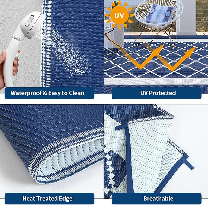 COZYLOOM Outdoor Patio Rug 8x10 Waterproof Reversible Plastic Straw Mat, Large Modern Boho Area Rug Indoor Outdoor Rugs for Deck, Balcony, Pool, Camping, Beach, Picnic, Porch, RV, Navy&White