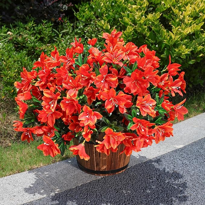 INSPRING Artificial Flowers Plants for Outdoors Spring Summer Decoration, 3 Bundles Faux Silk Azalea Flowers UV Resistant Flower Look Real for Outdoor Planters Porch Patio Garden Walkways Home, Orange