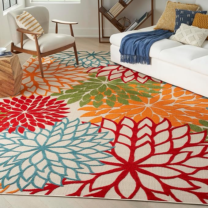 Nourison Home Aloha Indoor/Outdoor Green 9' x 12' Area Rug, Tropical, Botanical, Easy Cleaning, Non Shedding, Bed Room, Living Room, Dining Room, Deck, Backyard, Patio (9x12)