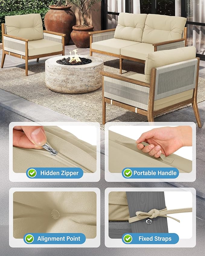 YEFU Outdoor Cushions for Patio Furniture: Waterproof Fade-Resistant Outdoor Chair Cushions Set of 4 - Deep Seat Patio Cushions Replacement with Ties for Chair Sofa Couch - 24 x 24 Inch(Beige)
