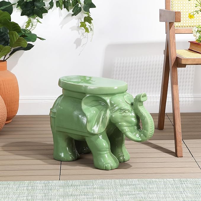JONATHAN Y TBL1007F White Elephant 14.25" Ceramic Indoor/Outdoor Garden Stool Coastal, Contemporary, Transitional, Patio, Garden Room, Bathroom, Living Room, Green