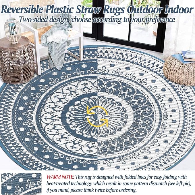 Cekene Round Outdoor Rugs Waterproof 10Ft Reversible Outdoor Patio Rugs Portable RV Camping Mats Lightweight Plastic Straw Rugs Outdoor Area Rug for Patio Picnic Beach BBQ, Black/Camel