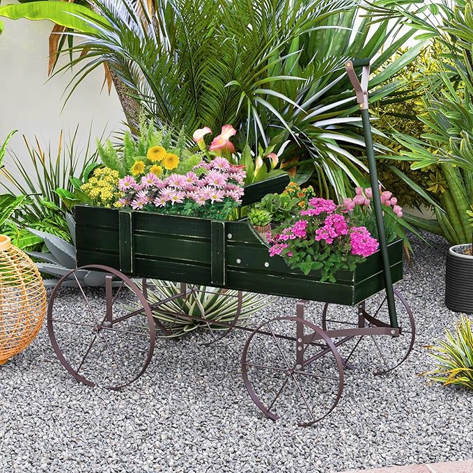 HAPPYGRILL Wooden Wagon Planter, 24.5” x 13.5” x 24” Decorative Garden Planter w/ 2 Planting Sections, Wheels, Handle, Small Decorated Cart, Flower Planter Box for Indoor Outdoor Patio (Green)