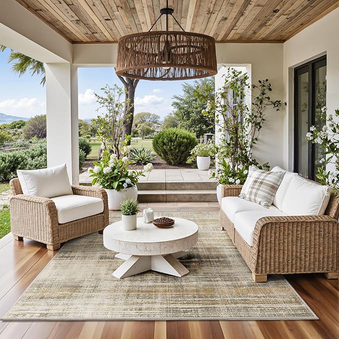 GENIMO Outdoor & Indoor Area Rug 4'x6', Waterproof, Non-Shedding, Easy Cleaning, Abstract Mat for Patio, Living Room, Balcony, Dining Room, Deck, RV, Bedroom, Camping, Outside Carpet, Brown