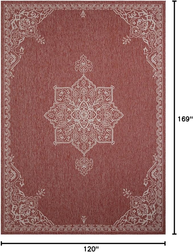 Unique Loom Outdoor Traditional Collection Area Rug - Antique (10' x 14' 1" Rectangle Rust Red/Ivory)