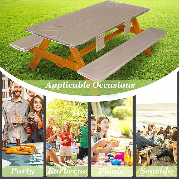 Picnic Table Cover with Bench Covers Vinyl Elastic Edges Fitted Rectangle Seat Tables Waterproof 3-Piece96X30in Set Outdoor Rectangular Folding Backing Tablecloth for Camping Over Size