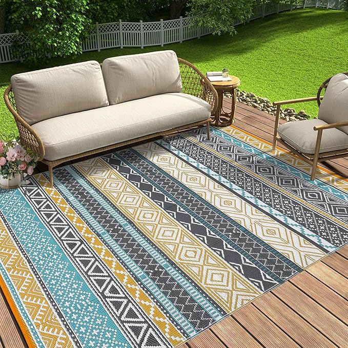 GarveeLife Extra Large Waterproof Outdoor Rug 10x20 UV Resistant Reversible Plastic Straw Rug Modern Geometric Outdoor Patio Rugs for Balcony Backyard, Teal & Yellow