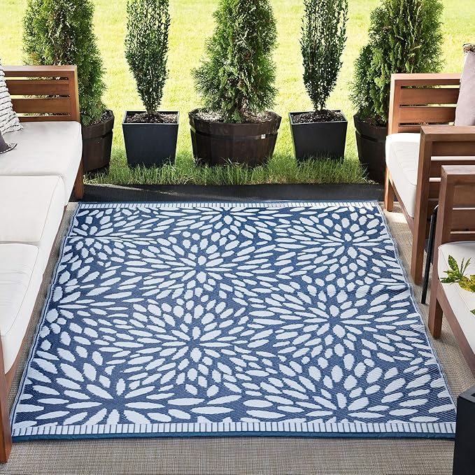 Tayse Nuala Navy Reversible Plastic Straw Small Outdoor Rug 4x6 for Patios Garden Picnic Camping Mats Waterproof and Washable