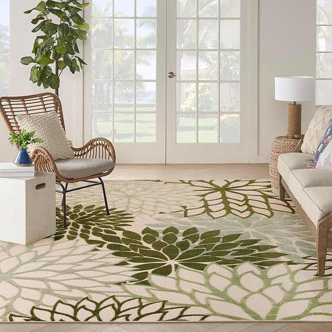Nourison Home Aloha Indoor/Outdoor Ivory Green 12' x 15' Area Rug, Easy Cleaning, Non-Shedding, Bed Room, Living Room, Dining Room, Backyard, Patio, Deck (12x15)
