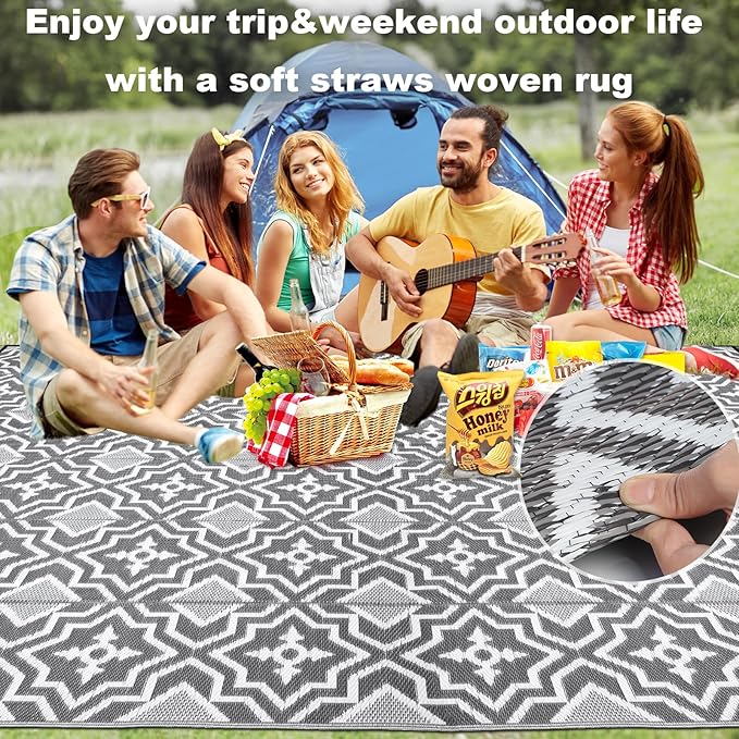 Outdoor Rug Waterproof 9x12 Camping Rug Outdoor Carpet for Patio,Outdside Rug,Plastic Straw Mat, Rv Camping Essentials,Outdoor Mat Decor Deals for Patio,Camping,Deck,Balcony,Porch