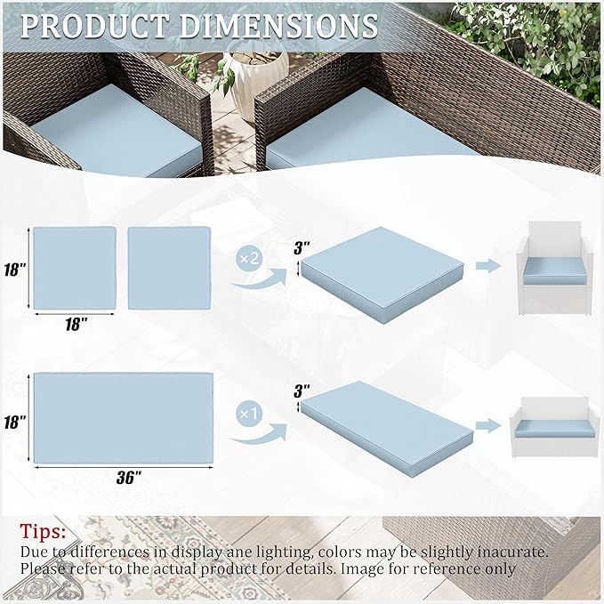 3 Pack Outdoor Replacement Cushions,36L x 18W x 3H,18L x 18W x 3H inch, High-Elastic Replacement Sponge for 4-Seater Water-Resistant Patio/Sofa with Removable Covers (Light Blue)