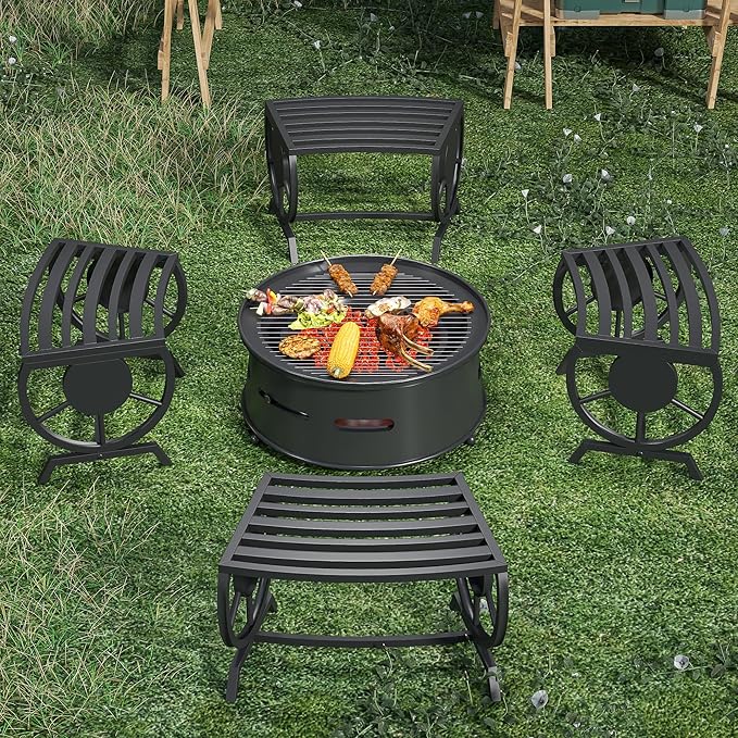 Outdoor Bench Patio Outdoor Garden Bench with Built-in Table, Wagon Wheel Arms, 3 People Outdoor Bench Garden Bench Front Porch Furniture (Black-22.83inch-4Pieces)