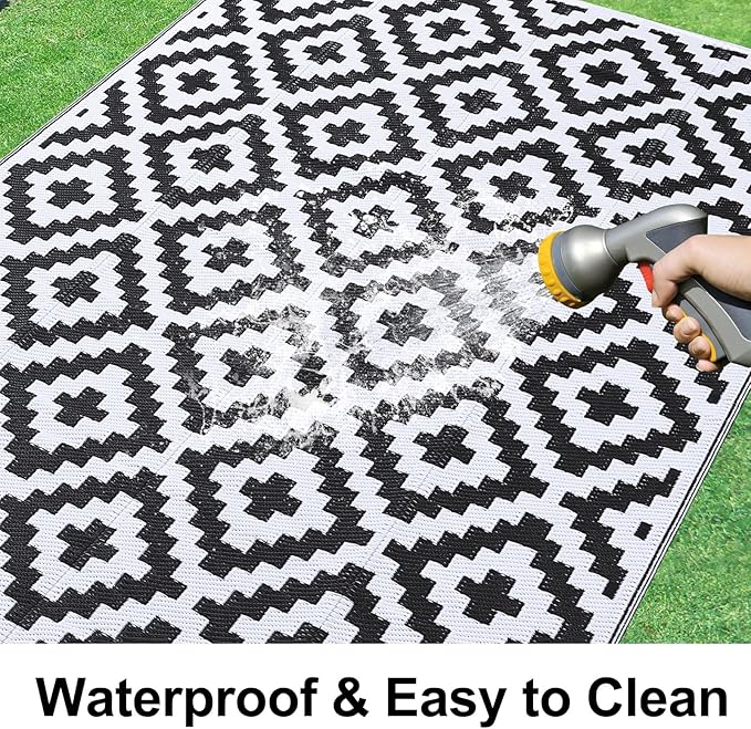 Smiry Waterproof Outdoor Rug 9X18 ft, Reversible Plastic Straw Patio Camping Rugs, Outdoor Indoor RV Mat Carpet for Patio, Outside Entry, Backyard, Deck, Bench, Picnic, Camper, Black & White