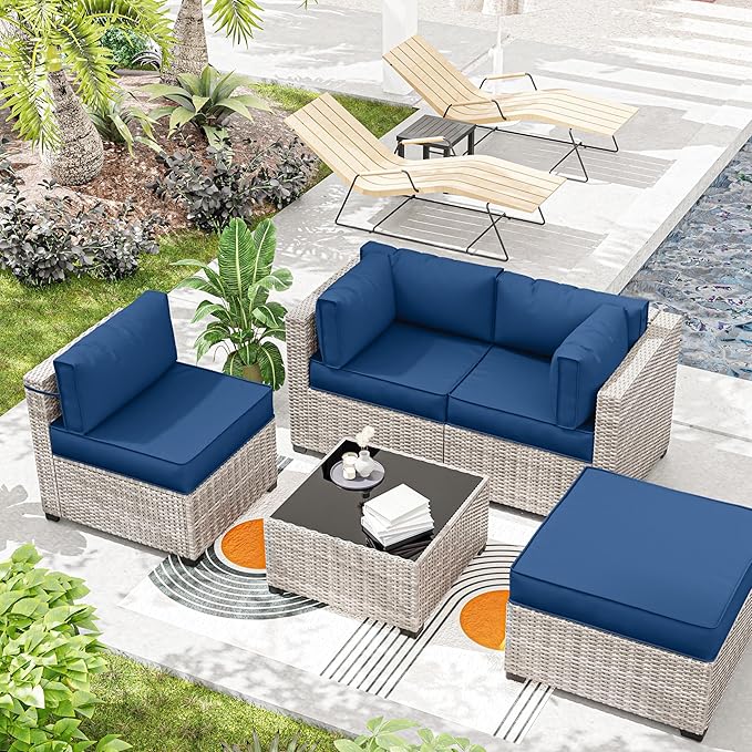 Outdoor Cushions for Patio Furniture with 5 Pillows, Waterproof Patio Furniture Cushions Replacement, 4" Deep Seat Outdoor Sectional Cushions for 4-seat Patio Furniture Chair Sofa Couch,Blue