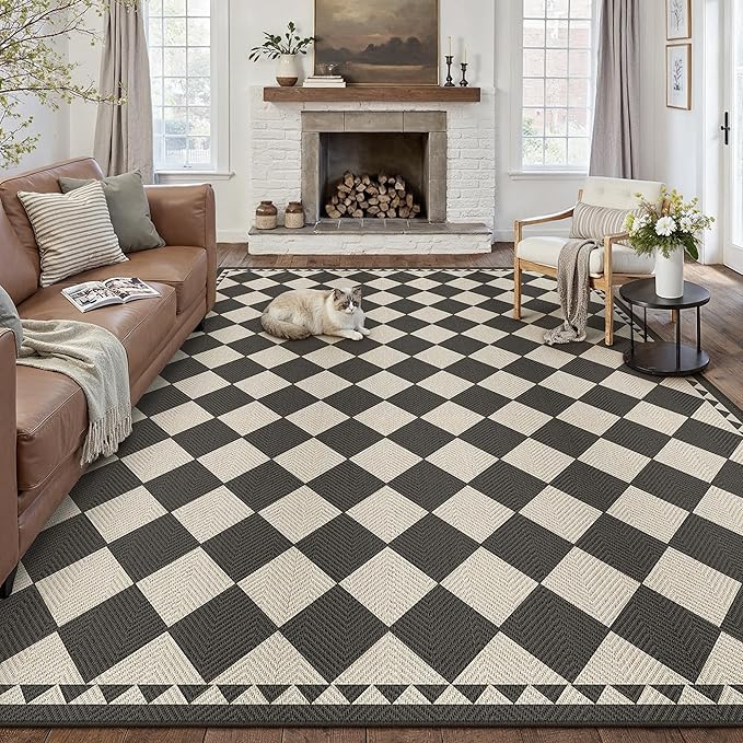 HUGEAR 8x10 Outdoor Rug Black/Beige Linen-Look Fabric Checkered Area Rug High Traffic Stain Resistant Easy Clean Durable Rugs for Indoor/Outdoor Patio Deck Balcony Porch Garden Courtyard