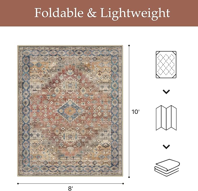 GENIMO Outdoor & Indoor Area Rug 8'x10', Waterproof, Non-Shedding, Easy Cleaning, Boho Mat for Patio, Living Room, Balcony, Dining Room, RV, Deck, Bedroom, Camping, Outside Carpet,Antique Red