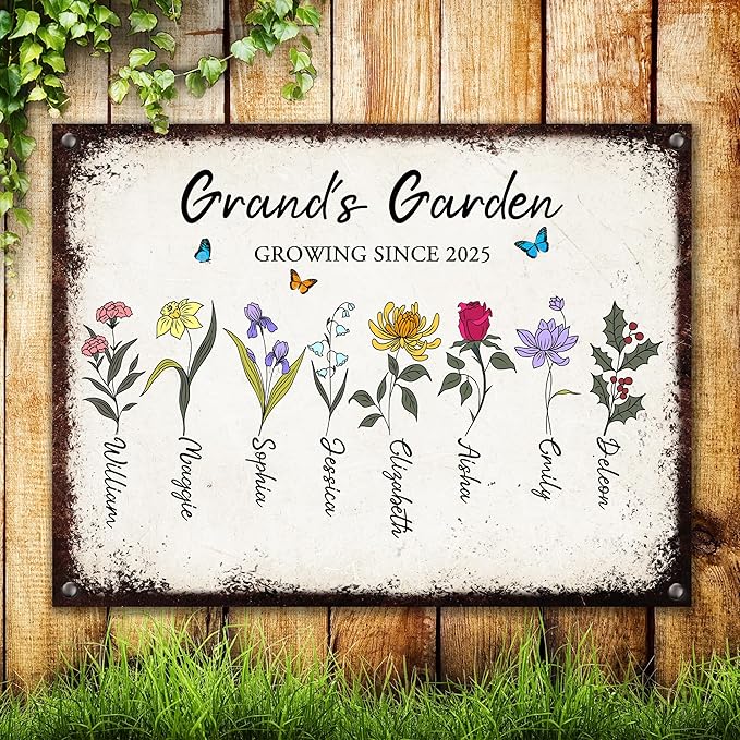 Custom Garden Signs Personalized Metal Tin Sign for Women, Retro Funny Birth Flower Metal Sign for Outdoor, Patio, Yard Rustic Home Decor Gift for Mothers Day, Grandmas, and Gardening Lovers