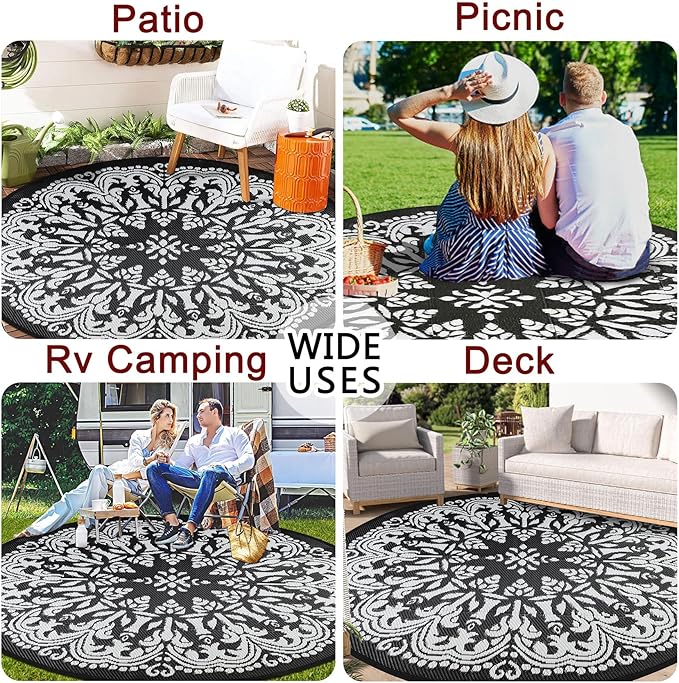 Homcomoda Round Outdoor Patio Rug 8Ft Waterproof Indoor Outdoor Area Rug Black Clearance Reversible Straw Rug for Porch Garden Deck Backyard Balcony