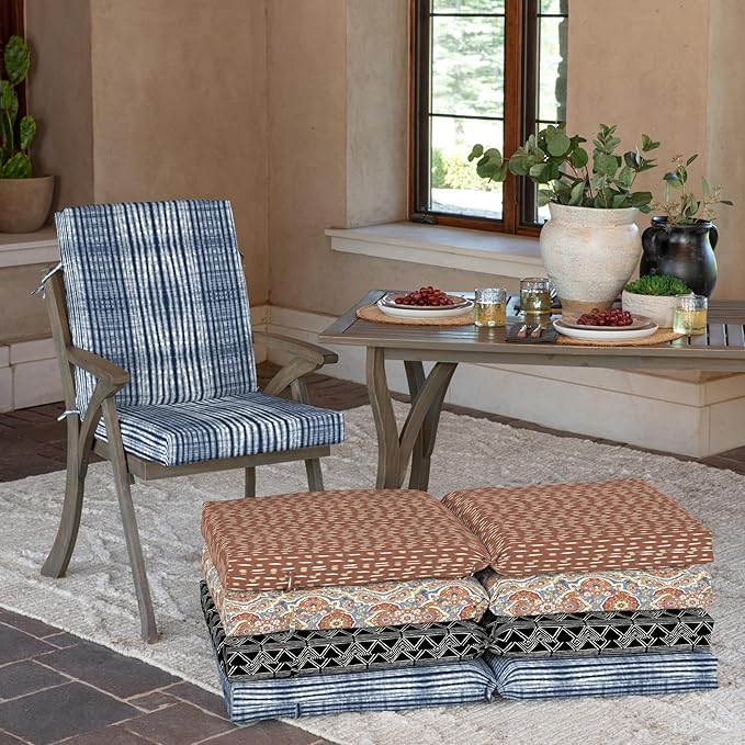 Arden Outdoor Patio Dining Chair Cushion, 20x44, Rain-Proof Seat Pad, Fade-Resistant Outdoor Cushion Blue Shibori Stripe