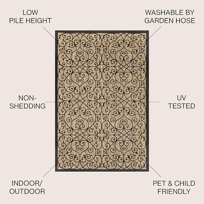 JONATHAN Y Vintage Filigree Indoor Outdoor Square Area Rug 9X9 Black/Khaki, Madrid Textured Weave for Backyard, Patio, Porch, Easy-Cleaning, High Traffic, Pet-Friendly, Non-Shedding (SMB107A-9SQ)