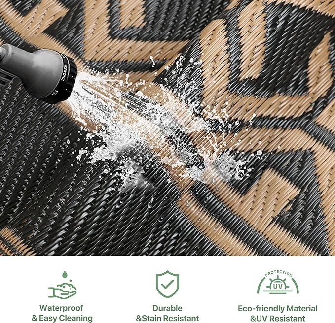 GENIMO Outdoor Rug Waterproof for Patio Decor, 6'x9' Foldable Reversible Plastic Straw Carpet, Outside Area Mat for Rv, Deck, Picnic, Porch, Camper, Balcony, Beach, Black Brown