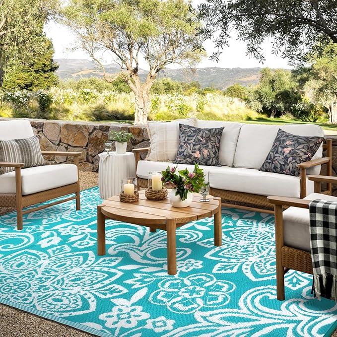 Findosom Waterproof Outdoor Rug 6' x 9' - Reversible Mandala Outdoor Plastic Straw Rug, Durable Foldable Patio Rug for RV, Deck, Balcony, Backyard, Picnic, Porch, Camping, Beach, Blue