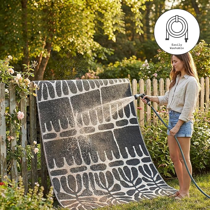 Fab Habitat Outdoor Rug - Waterproof, Fade Resistant, Crease-Free - Premium Recycled Plastic - Tribal, Black & White - Patio, Deck, Porch, Balcony, Laundry Room - Serowe - Black - 4 x 6 ft
