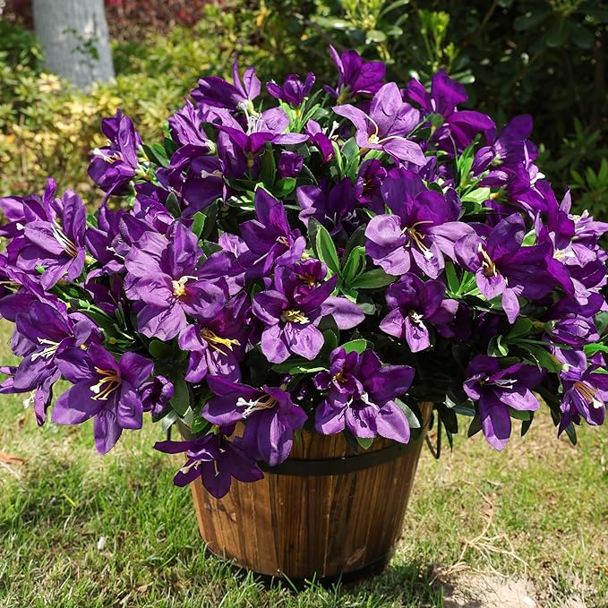 INSPRING Artificial Faux Plants Flowers for Outdoors Spring Decor,3 Bundles Realistic Outside Fake Silk Azalea UV Resistant Outdoor Artificial Flowers for Planter Porch Patio Garden Home, Dark Purple