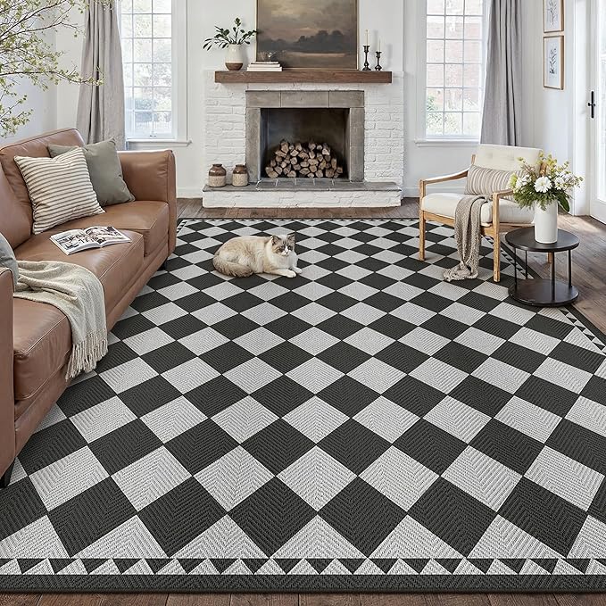 HUGEAR 9x12 Outdoor Rug Black/Grey Linen-Look Fabric Checkered Area Rug High Traffic Stain Resistant Easy Clean Durable Rugs for Indoor/Outdoor Patio Deck Balcony Porch Garden Courtyard