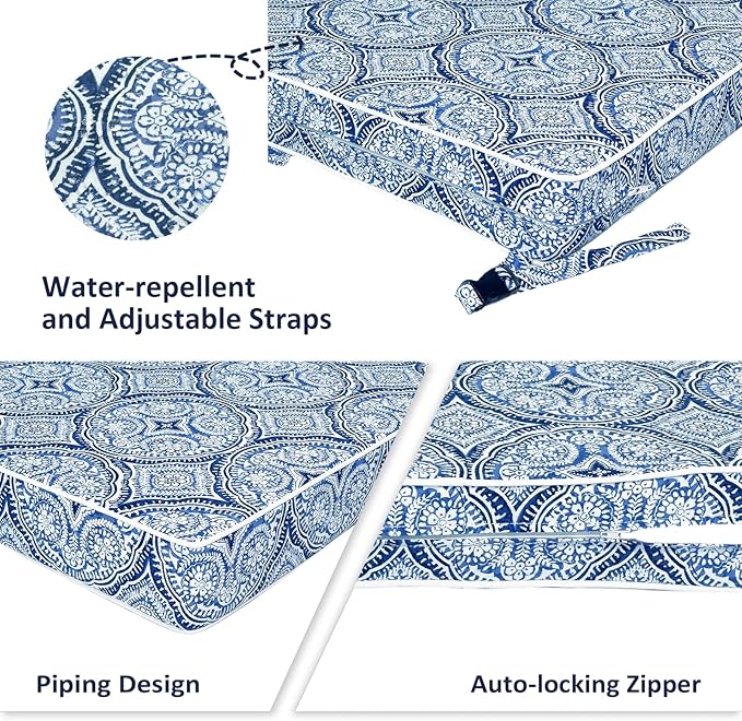 Outdoor Chair Cushions 22x22x3 Inch, Patio Seat Cushion Furniture Swing Set of 2, Water Repellent Chairs Wicker Cushion Pads with Couch Sofa in Garden, Medallion Blue