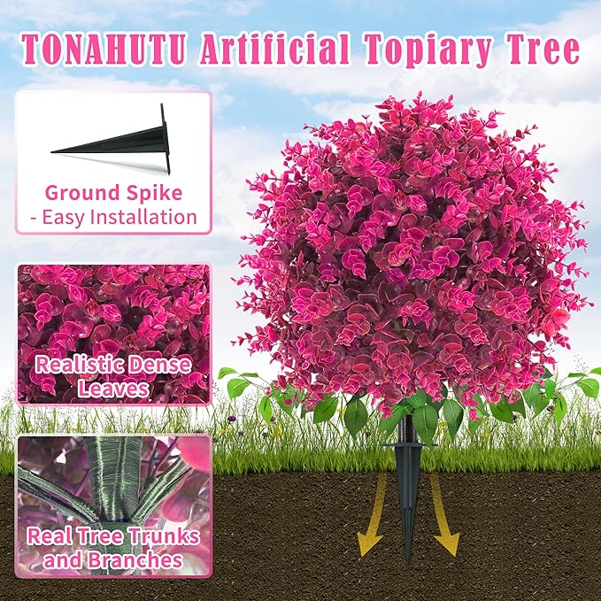 Artificial Topiary Tree with Eucalyptus, Set of 2 UV Resistant Fake Evergreen Shrubs with Ground Spike for Porch, Artificial Plants for Outdoor Indoor Garden Planters, Lifelike Decor