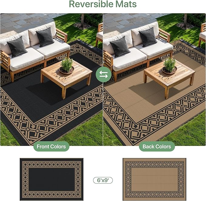 GENIMO Outdoor Rug Waterproof for Patio Decor, 6'x9' Foldable Reversible Plastic Straw Carpet, Outside Area Mat for Rv, Deck, Picnic, Porch, Camper, Balcony, Beach, Black Brown