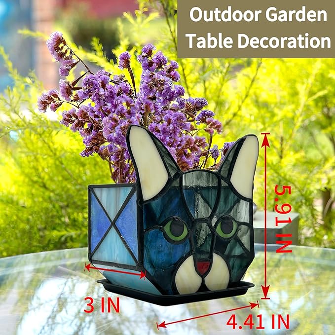 Stained Glass Cat Tea Light Candle Holder Glass,Pencil Holders for Desk,Funny Cactus Pot,Gift for Cat Lover