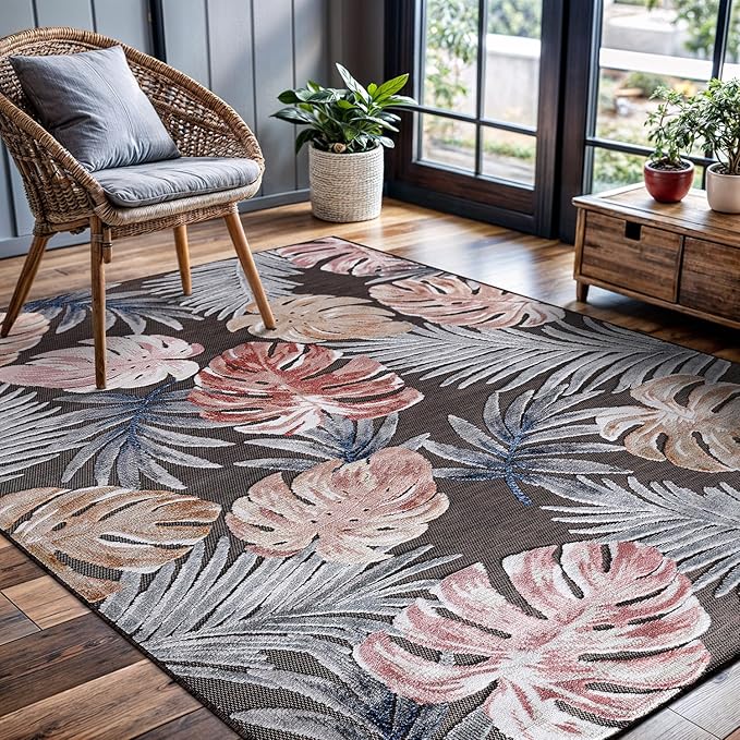 CAMILSON Indoor Outdoor Rug, Brown 4x6 Leaf Tropical Botanical Area Rugs for Indoor and Outdoor patios, Easy-Cleaning Non-Shedding Living Room, Garden and Kitchen Washable Outside Carpet (4 x 6)