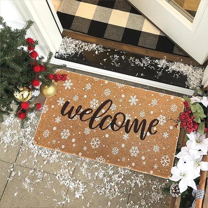 Winter Snowflake Welcome Mat Chirstmas Doormat Outside Entrance, Faux-Coir Seasonal Entryway-Rug Non-Slip Dirt-Trapping Thin Door Mat 17"x30" for Front Door, Indoor, Outdoor, Porch