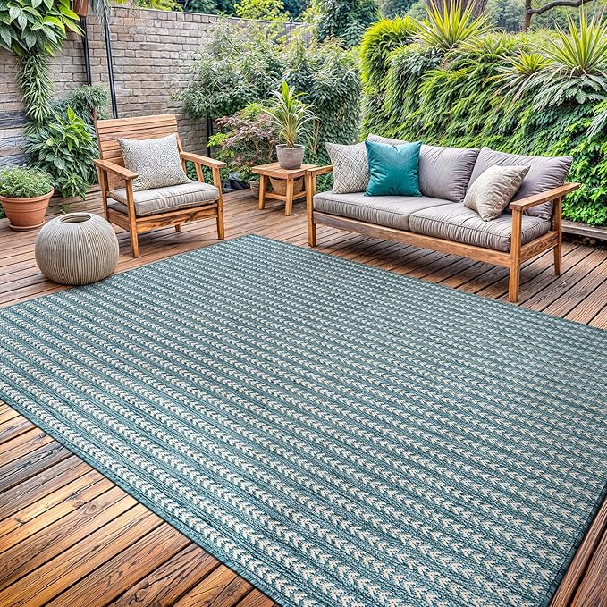Washable Outdoor Rug 6x9 Modern Area Rugs Outdoor Carpets Striped Pattern Non Shedding Waterproof Easy Clean Patio Deck Porch Living Room Bedroom Garden RV (6 X 9 Aqua)